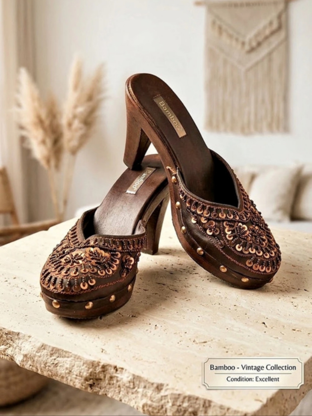 Bamboo Embellished Brown Platform Mules